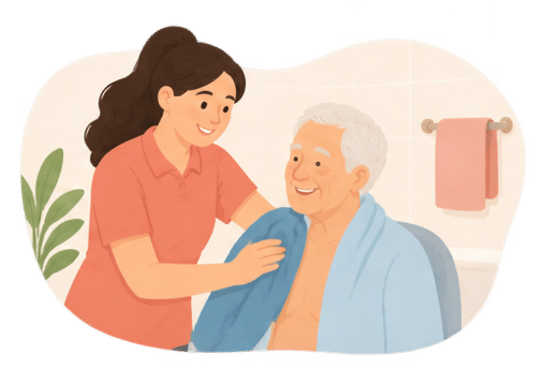 Cartoon of woman helping man get dry after showering
