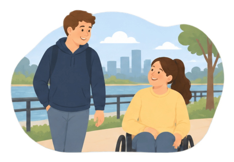 Cartoon of man talking to woman in wheelchair next to lake