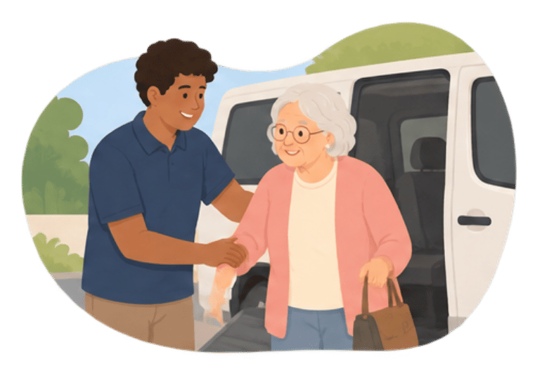 Cartoon of man helping woman out of van