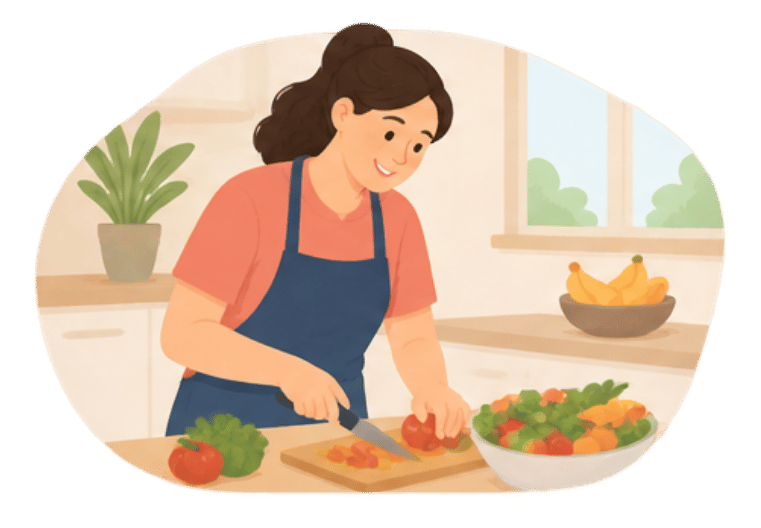 Cartoon of woman chopping vegetable