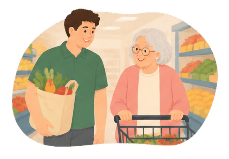 Cartoon of two people grocery shopping