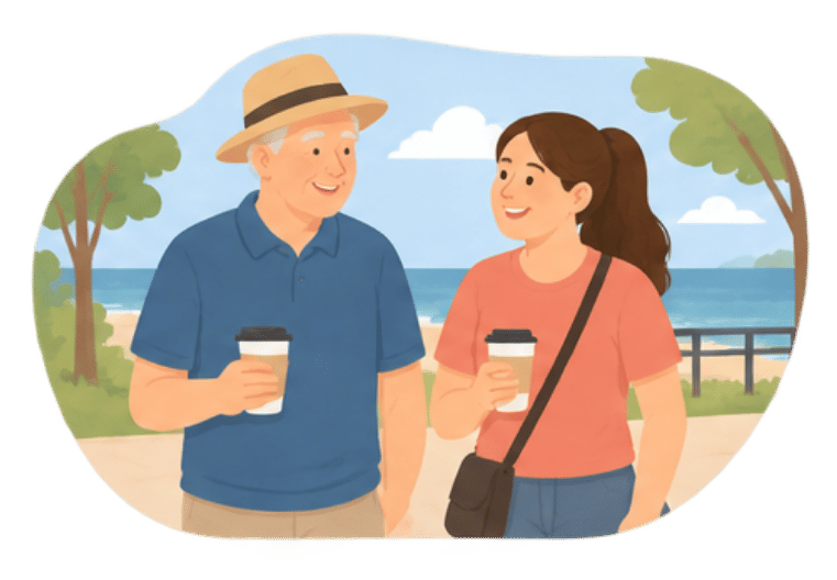 Cartoon of two people drinking coffee at the beach
