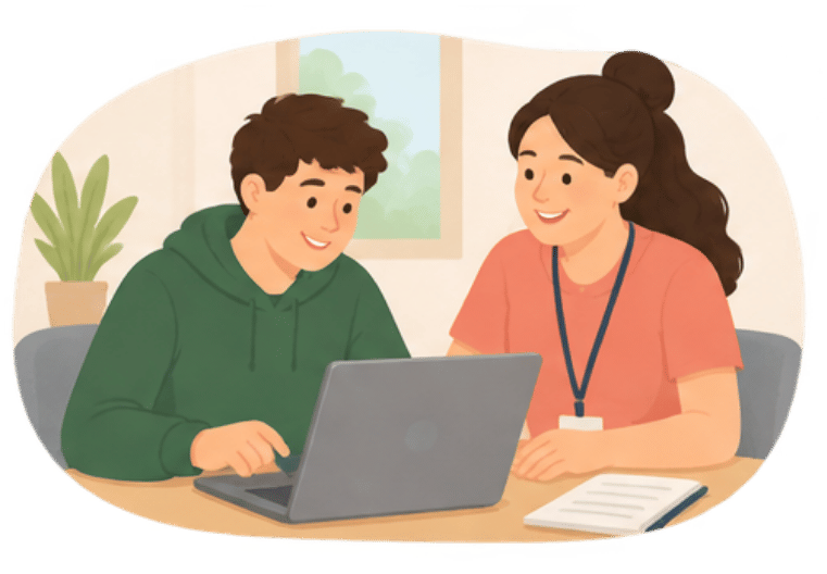 Cartoon of two people on laptop