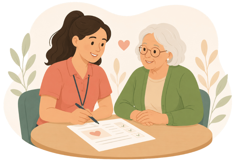 Cartoon of support worker going through health plan with patient