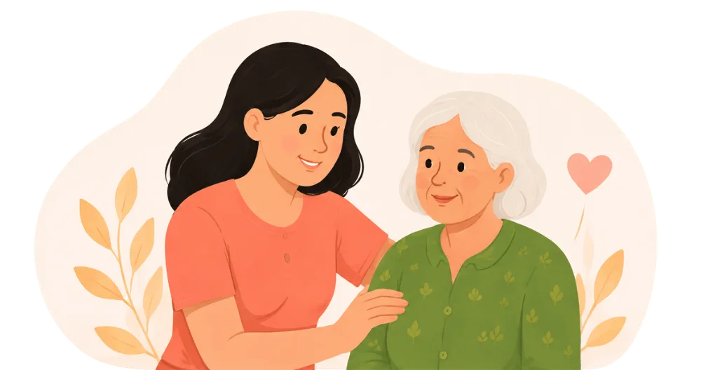 Cartoon of support worker with elderly patient