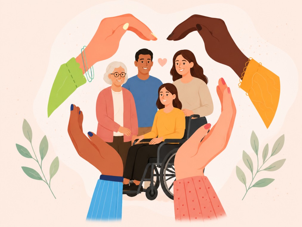Group of diverse people in the middle of 4 hands